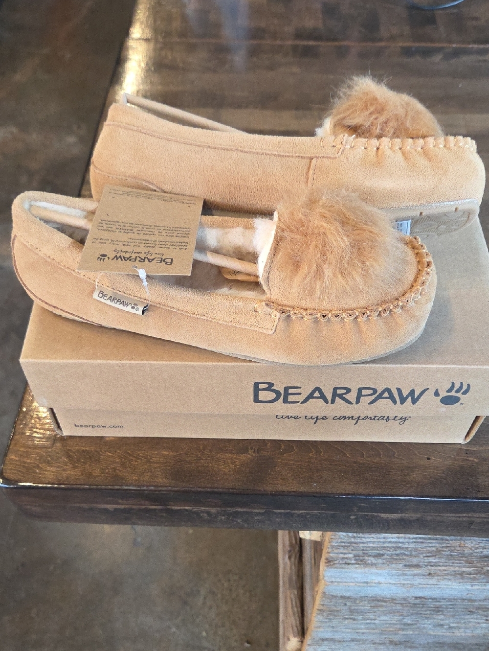 Bearpaw Size 10 Women's NEW Tan Suede Pom-Pom Moccasins